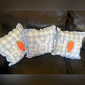 Celebrate Together Blue Checkered Gingham 3 Pillow Set Easter "HOP" Embroidered